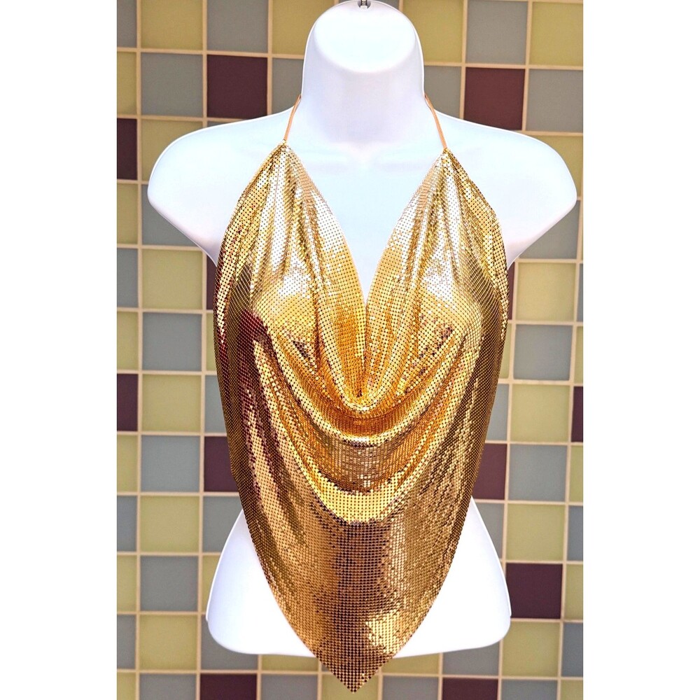 Vintage METAL MESH HALTER TOP Original 70s-80s WHITING & DAVIS Goldtone
